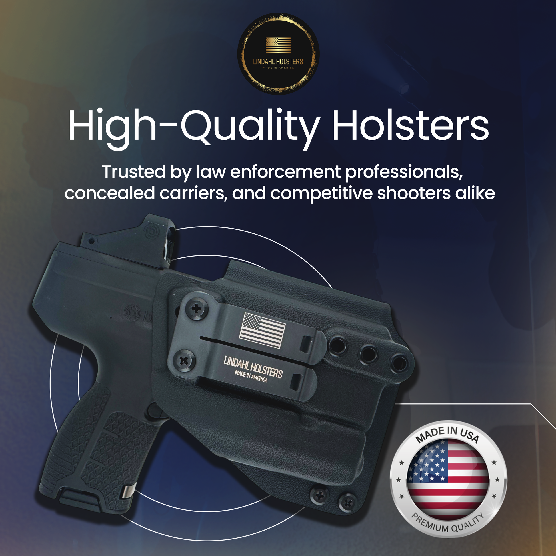 High-quality holster with American flag and 'Made in USA' badge on a dark background
