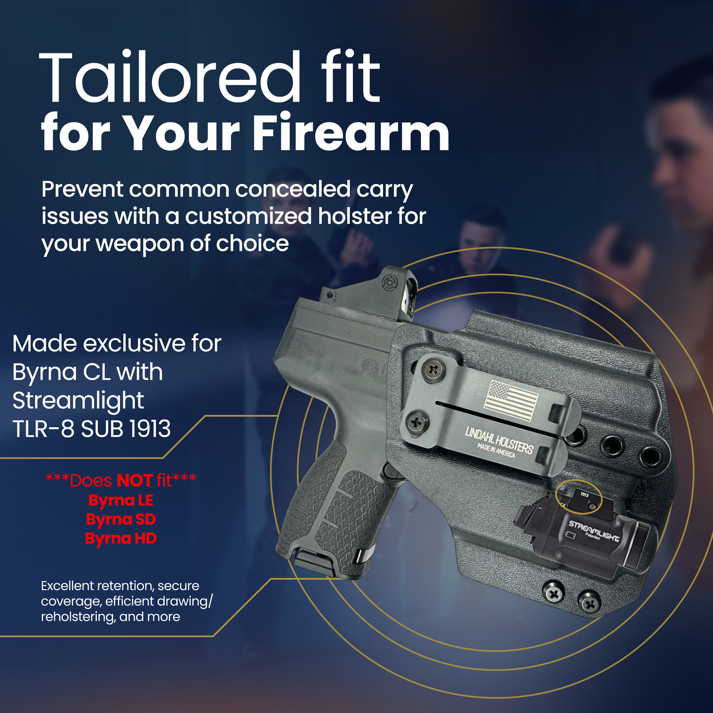 Customized holster for a firearm with text about tailored fit and features.