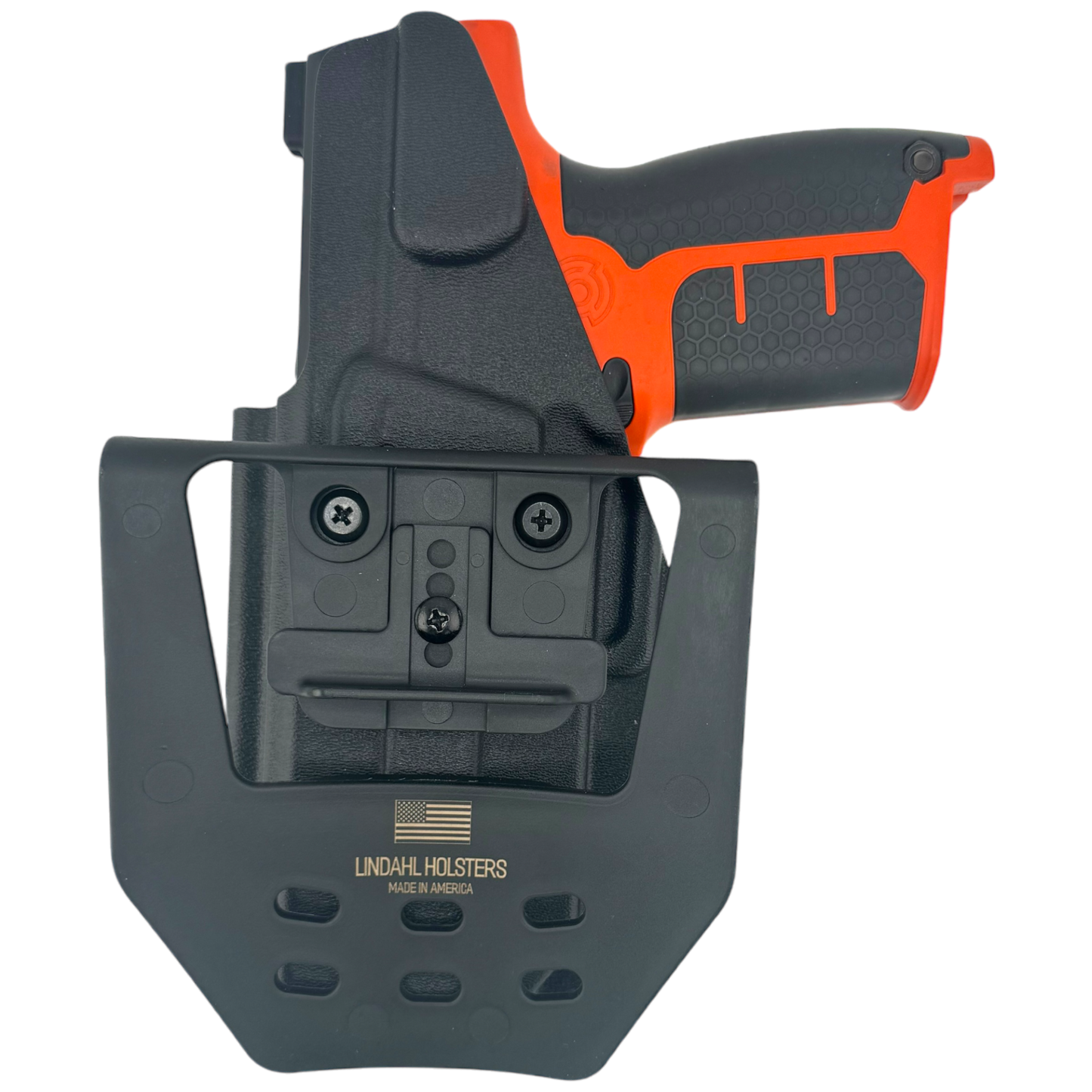 Black and orange gun holster with Lindahl Holsters branding on a white background