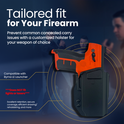 Orange and black firearm in a holster with promotional text on a dark background