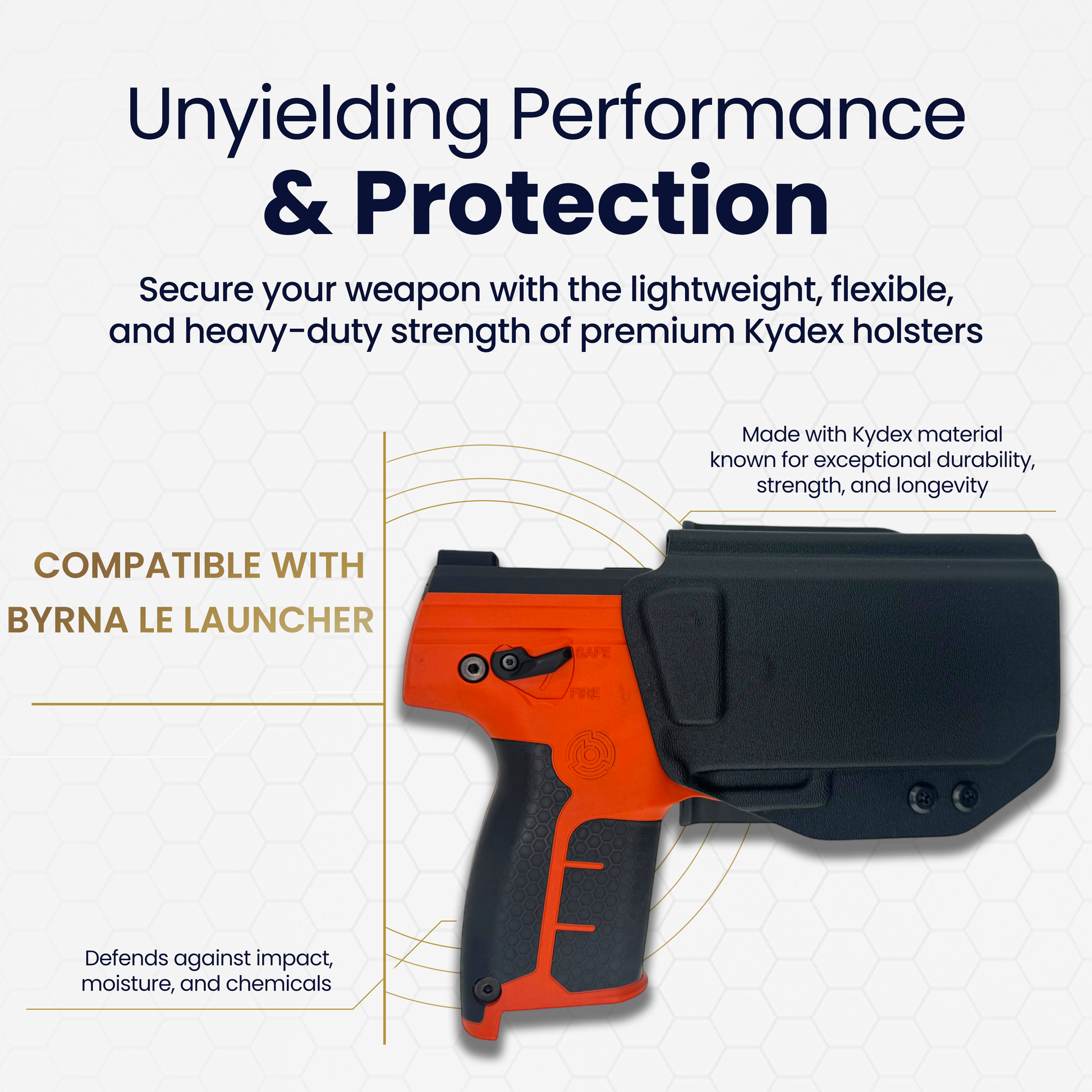Orange and black weapon with a Kydex holster on a white background, featuring text about performance and protection.