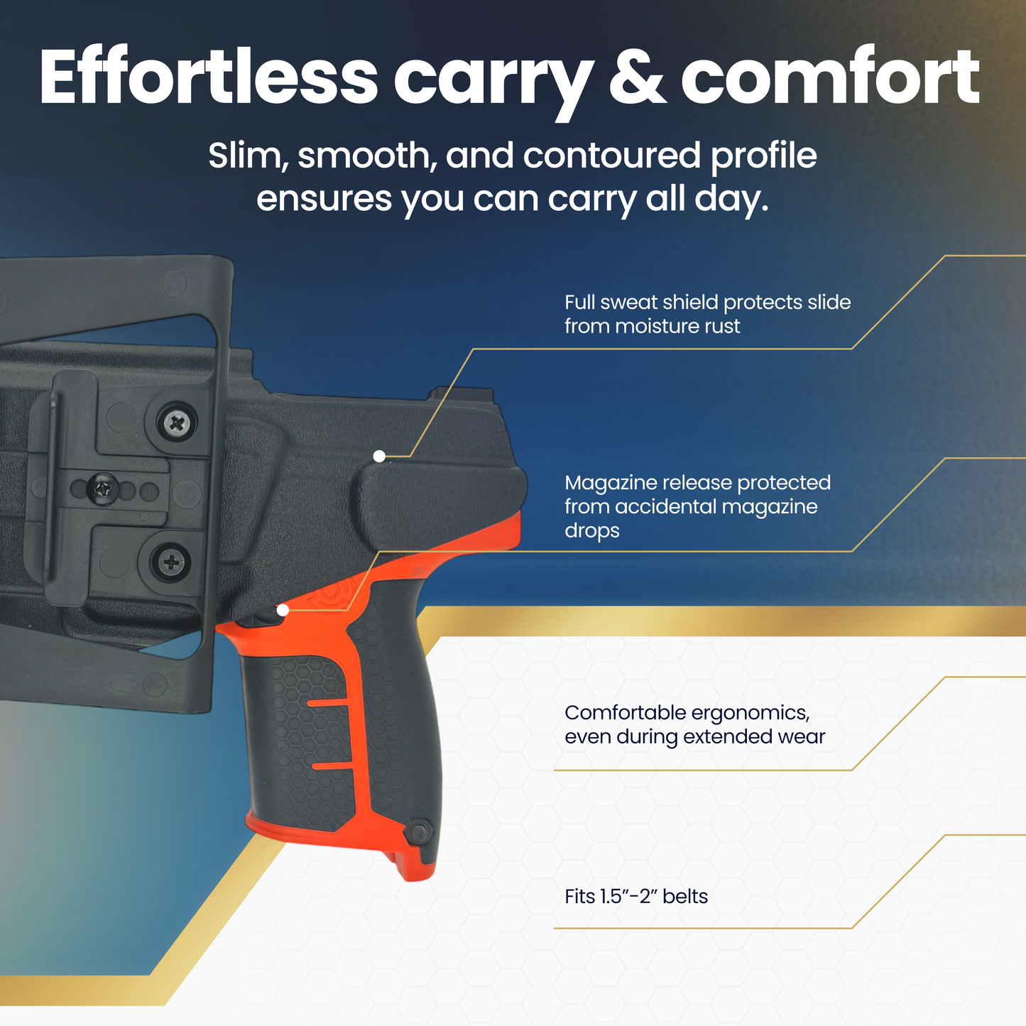 Gun with features highlighted on a blue and white background