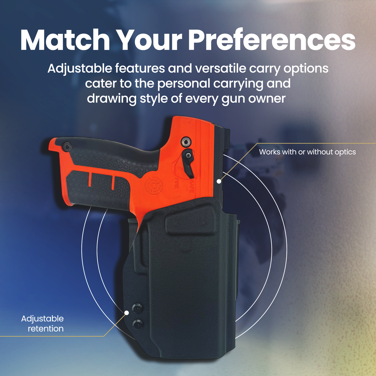 Orange gun with black holster on a blue gradient background, highlighting adjustable features and versatile carry options.