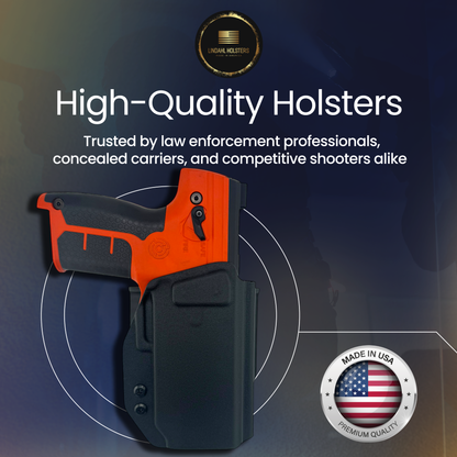 Orange gun in a black holster with branding and text on a dark background