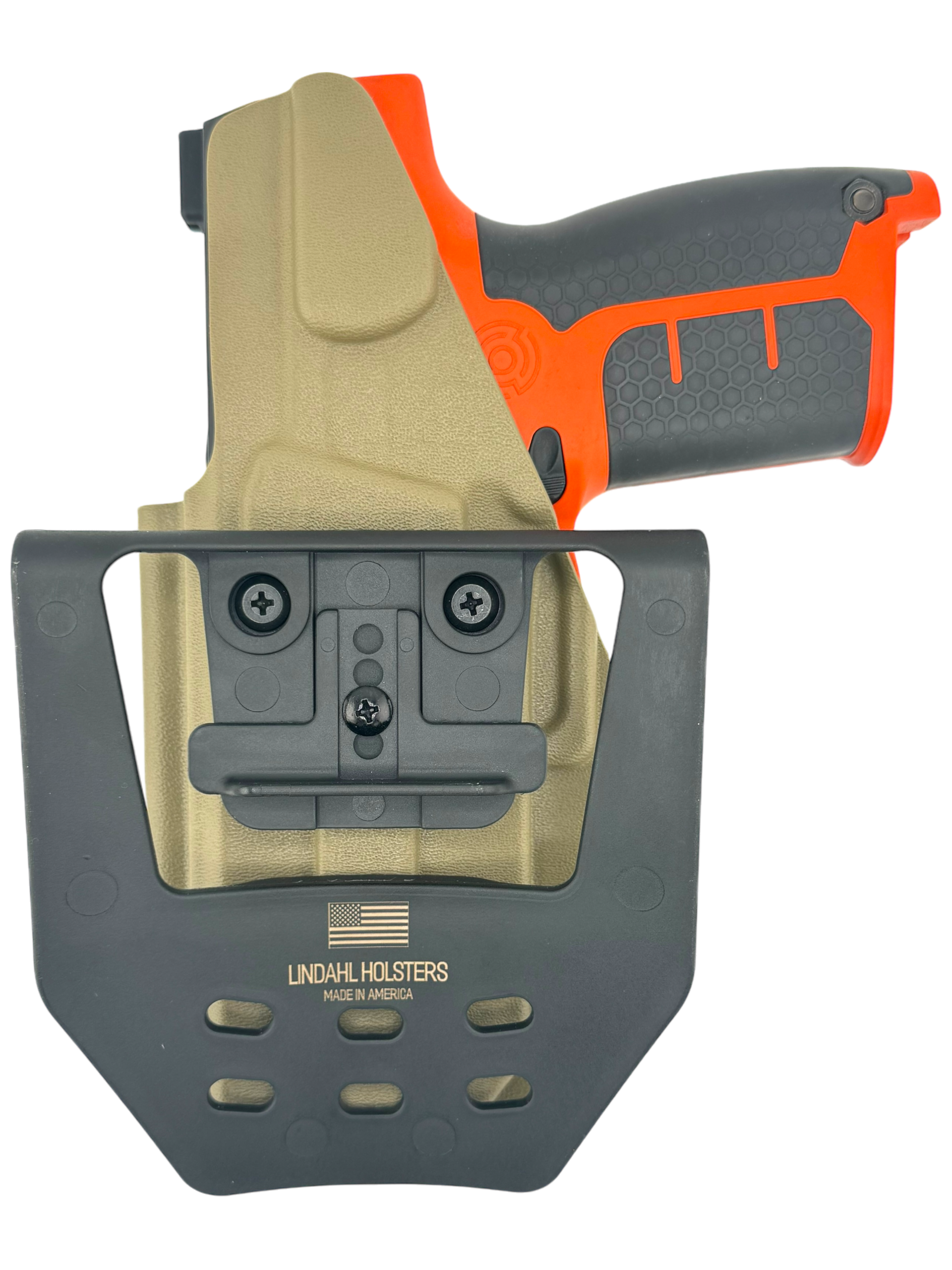 Pistol holster with orange gun and 'Lindahl Holsters' branding on a white background