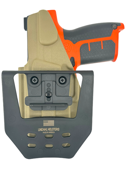 Pistol holster with orange gun and 'Lindahl Holsters' branding on a white background
