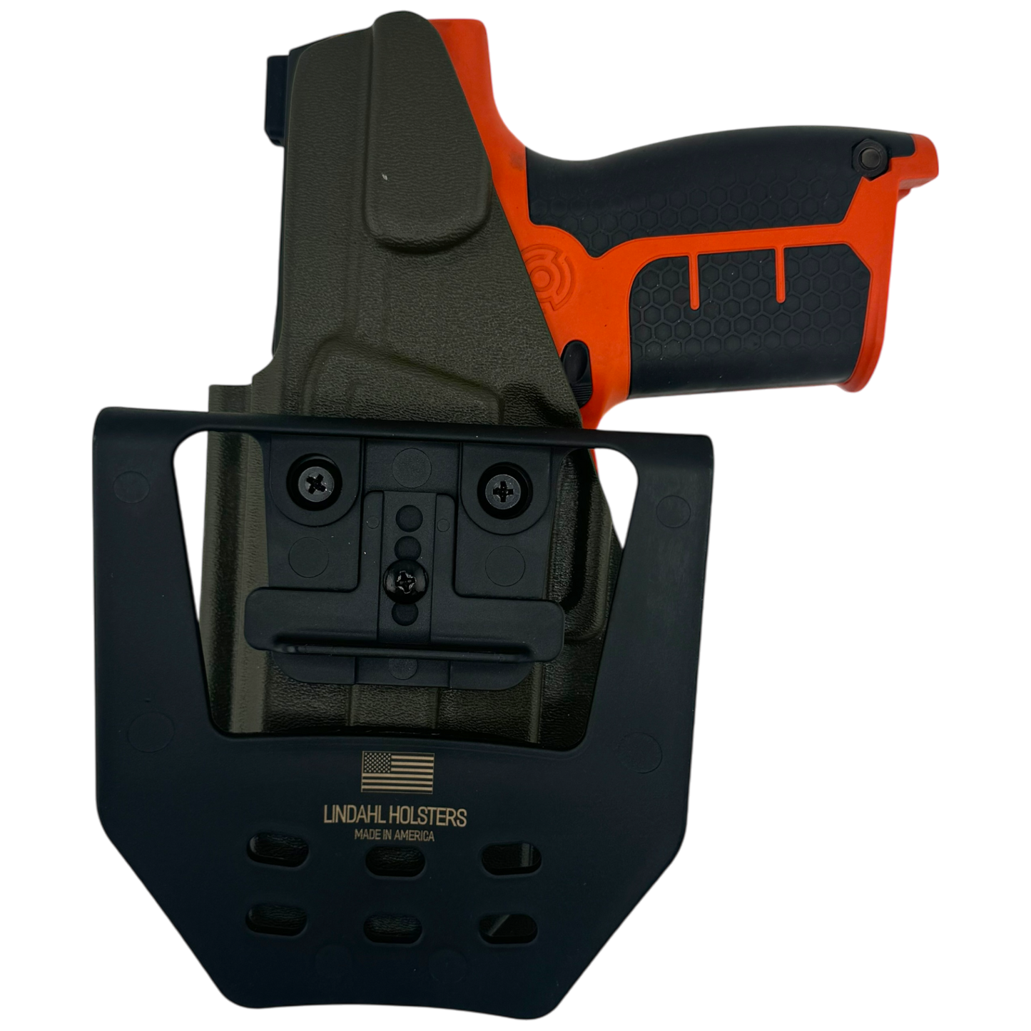 Black gun holster with orange gun on a white background