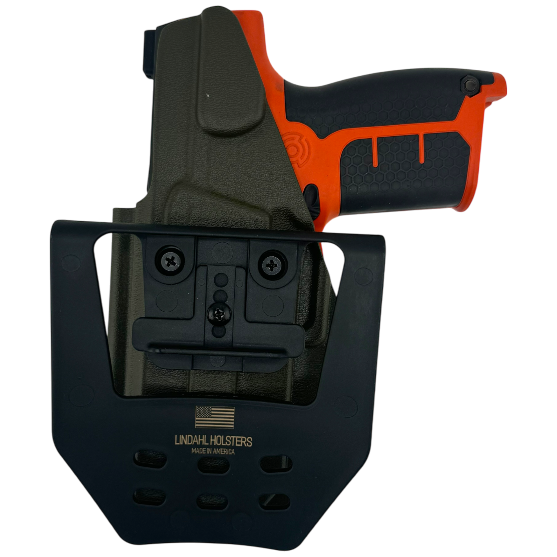 Black gun holster with orange gun on a white background
