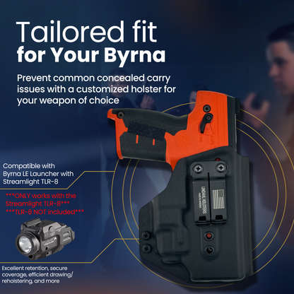 Holster for a weapon of choice with text about compatibility and features on a blue background.