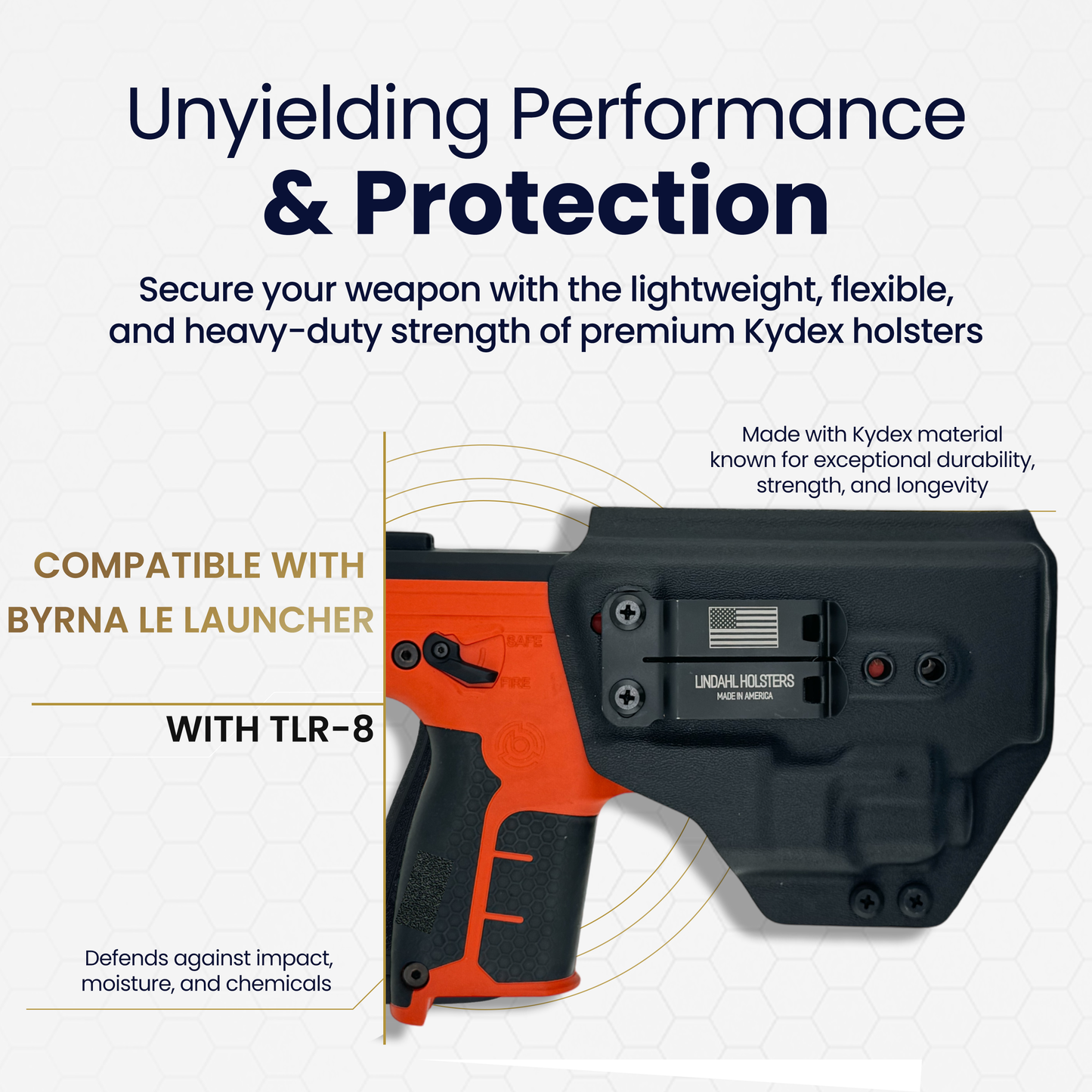 Weapon with Kydex holster on a white background, highlighting durability and protection.