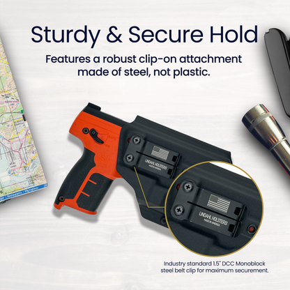 Pistol holster with robust clip-on attachment on a white background