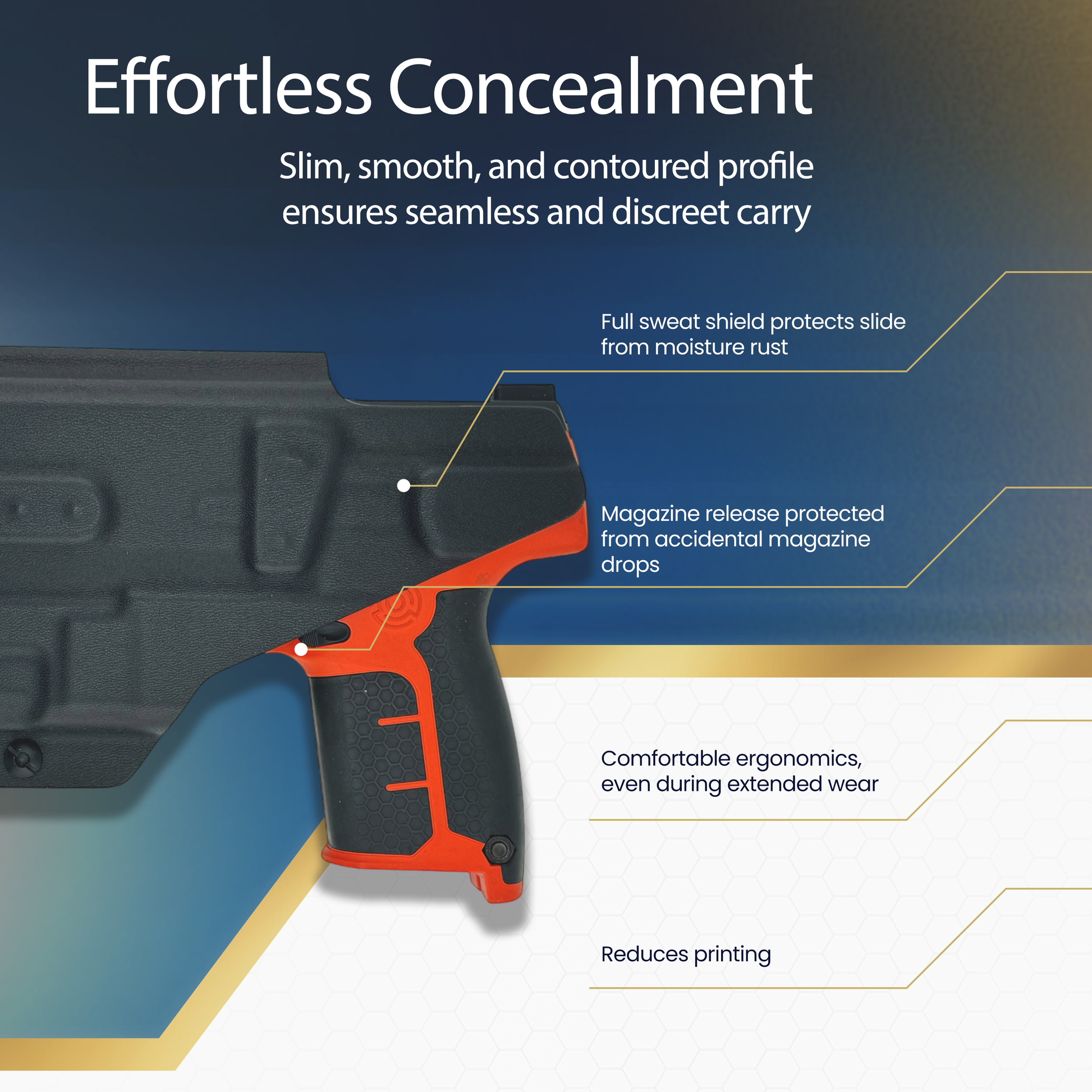 Pistol with features highlighted on a blue and white background