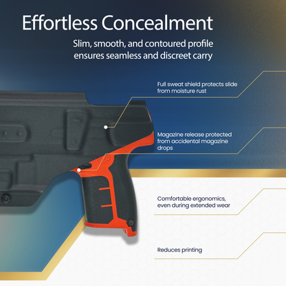 Pistol with features highlighted on a blue and white background