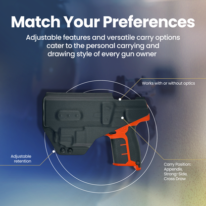 Black and orange gun holster with adjustable features on a blue gradient background