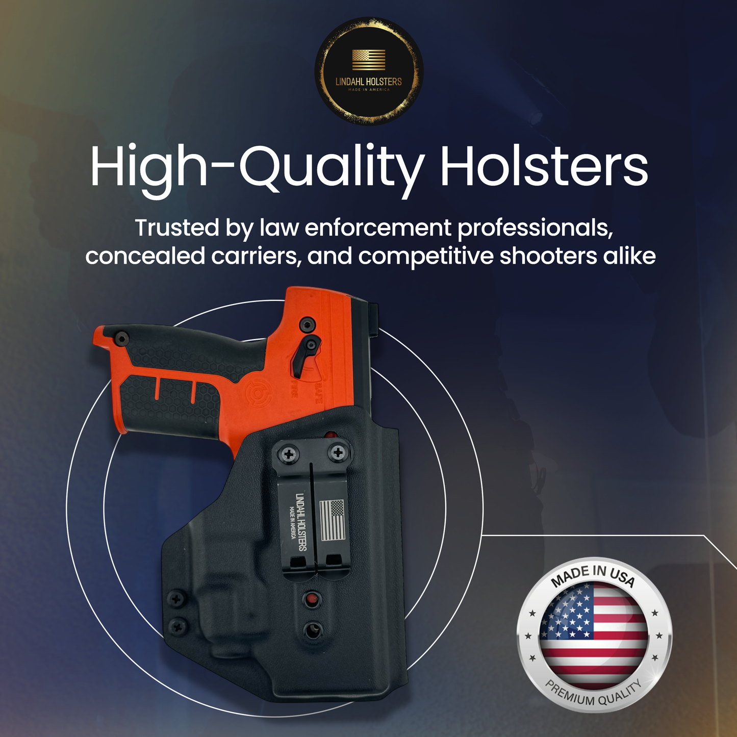 High-quality holster with an orange gun on a dark background, featuring the Lincoln Holsters brand.