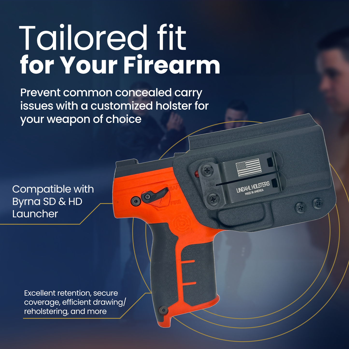Orange and black firearm with a holster on a dark background, featuring text about customizable holsters.