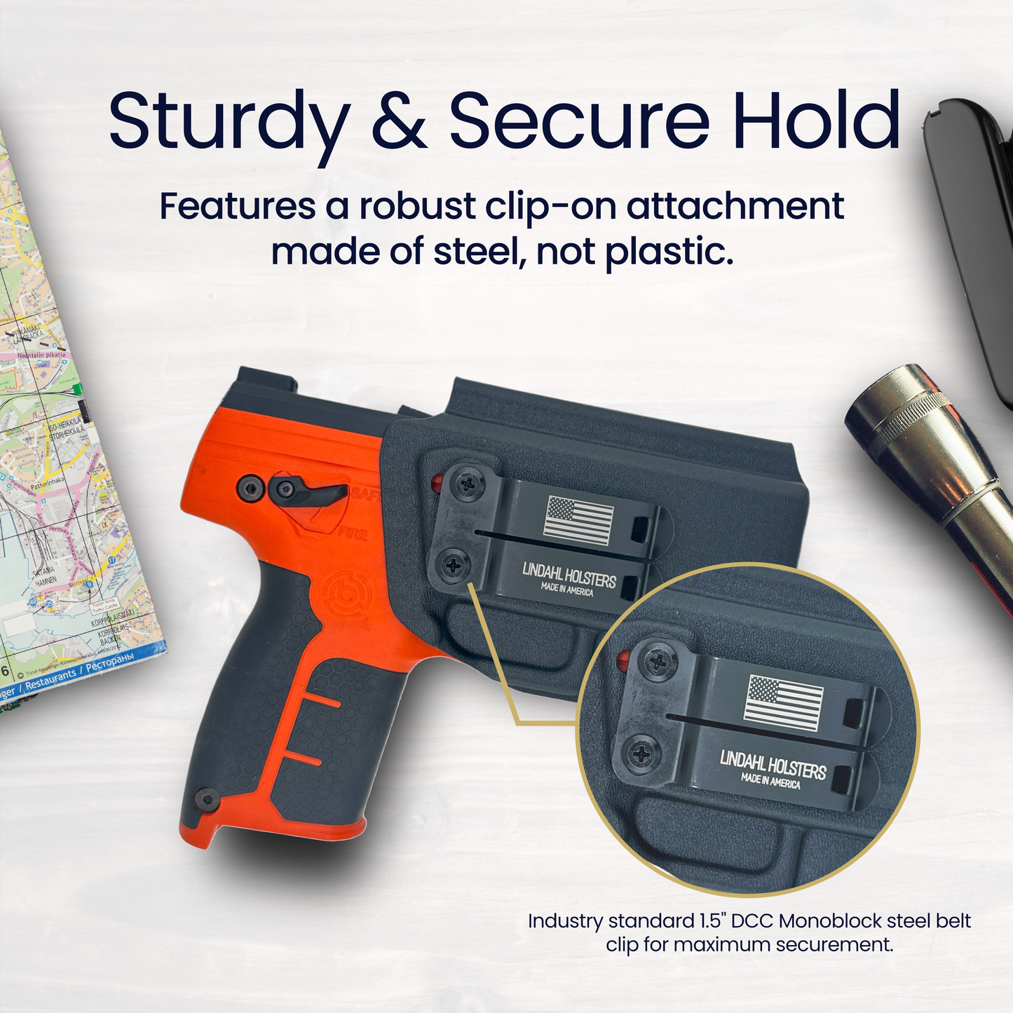 Pistol holster with robust clip-on attachment on a white background