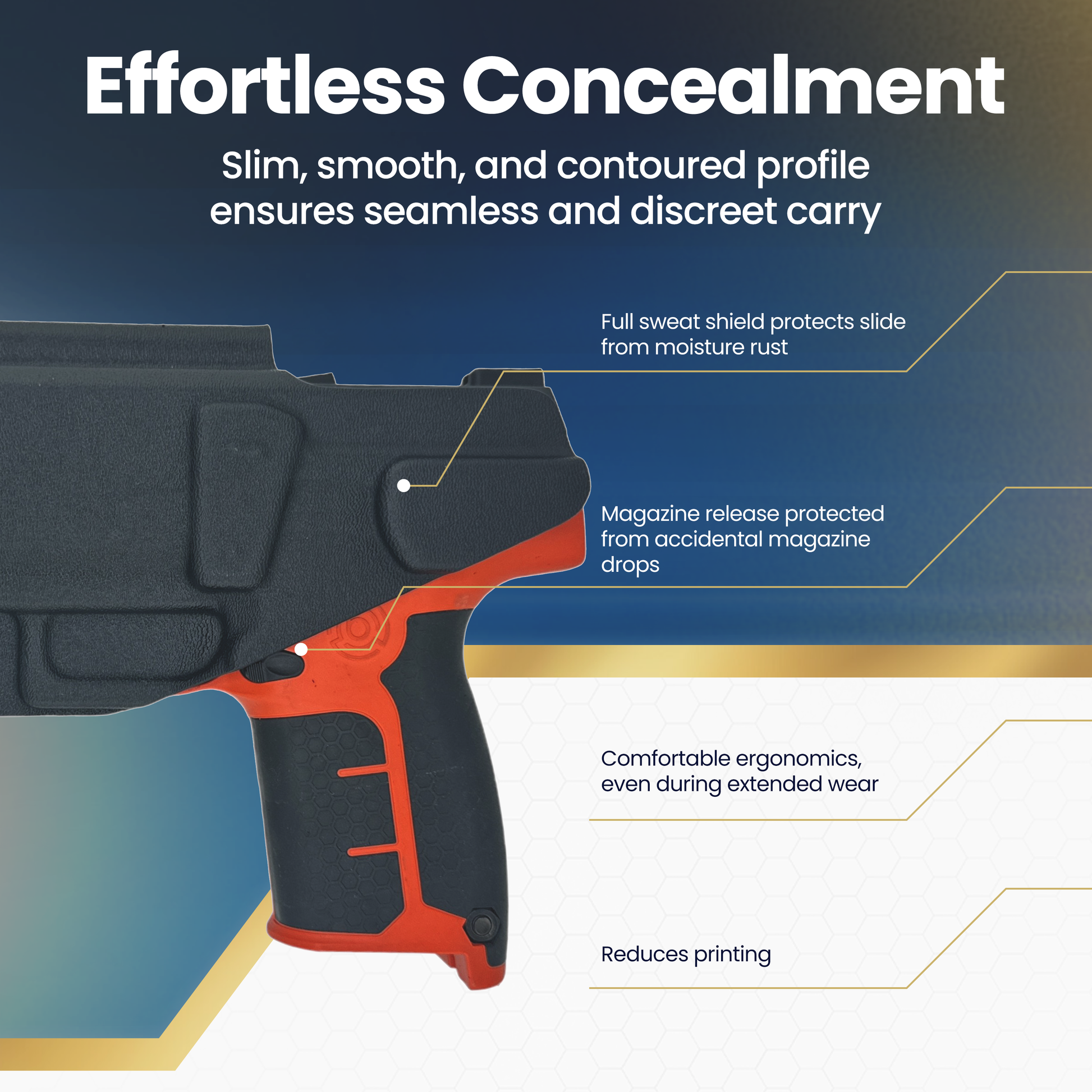 Glossy black and red gun with text on effortless concealment features against a blue gradient background