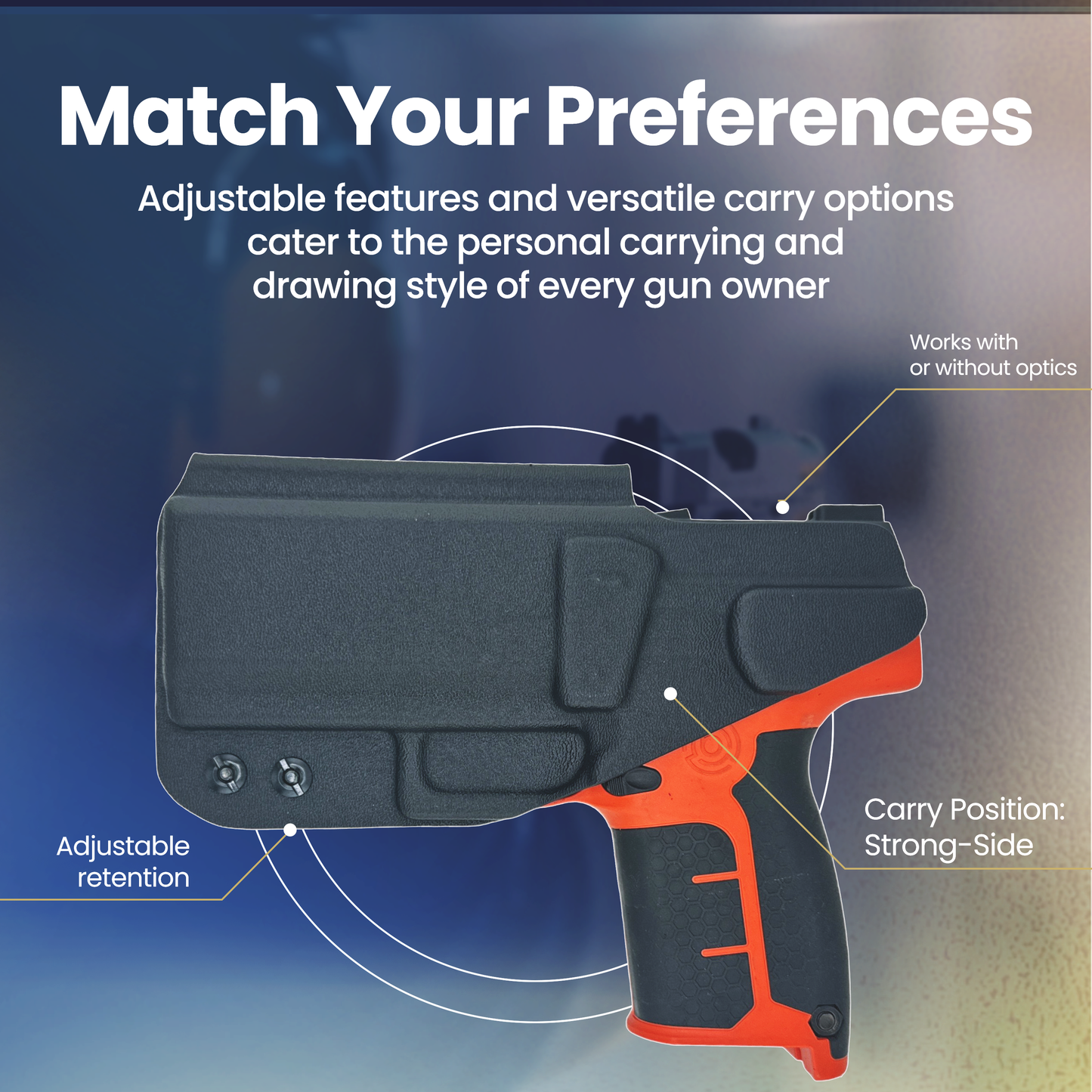 Holster with adjustable features and versatile carry options on a blurred background