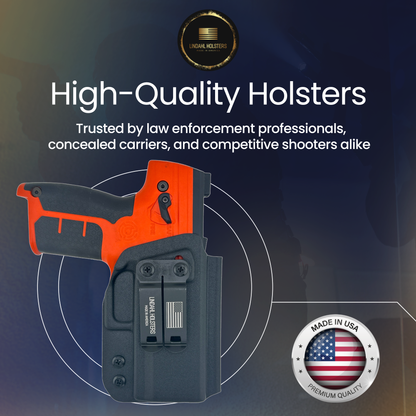 High-quality holster with an orange gun on a dark background, featuring the brand logo and text about trustworthiness.