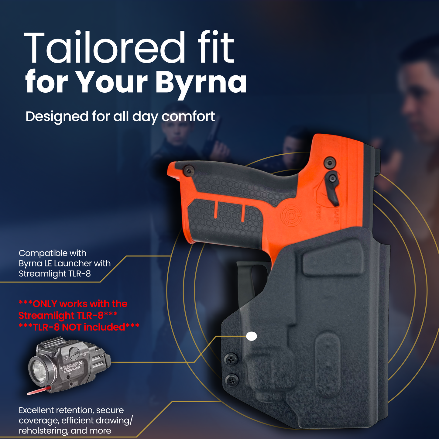 Black and orange holster with text about compatibility and features on a dark background