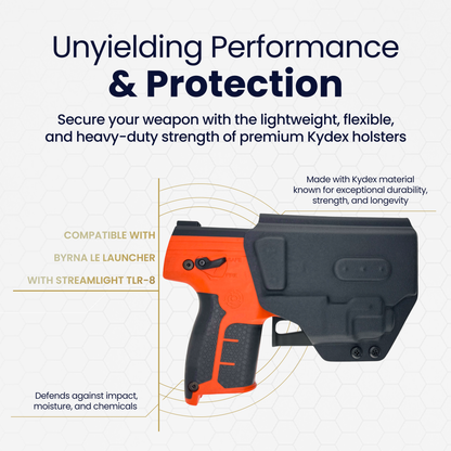 Orange and black gun holster with text about unyielding performance, protection, and compatibility with Byrna LE launcher.