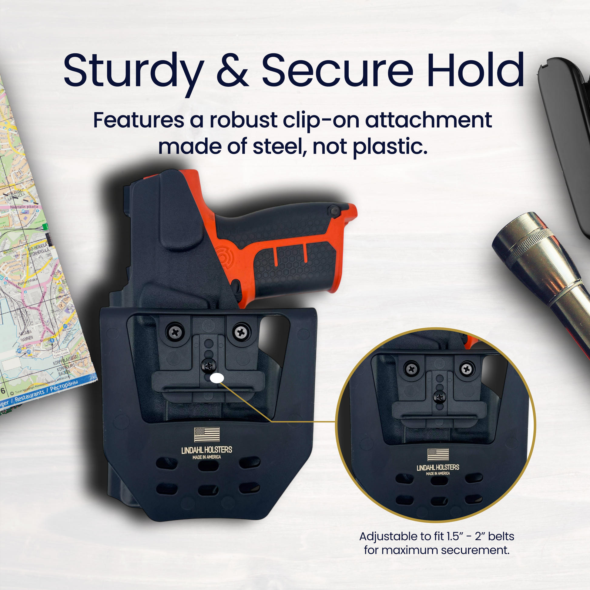 Lunchbox holster with robust clip-on attachment on a white background