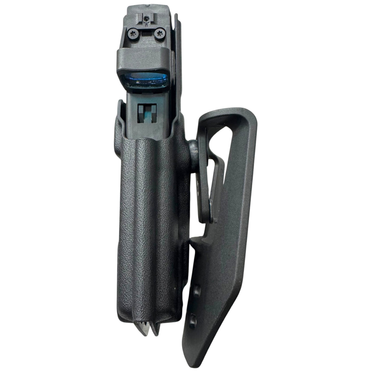 A black textured holster with an attached black plastic clip and a mounted device at the top, shown against a plain white background.