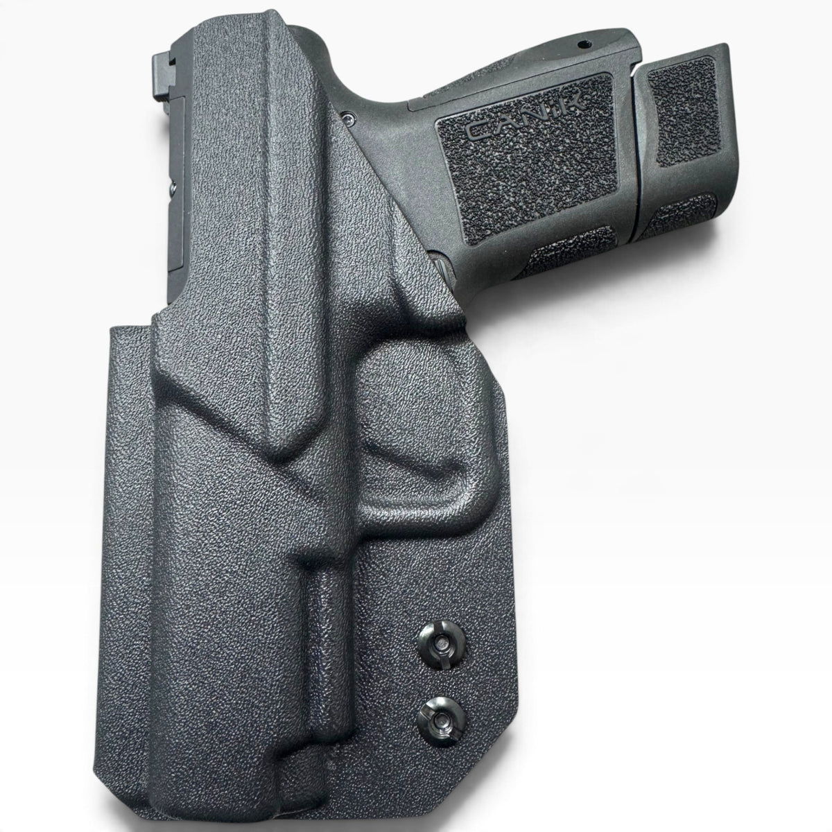 CANIK METE MC9 LS FIREARM INSIDE A BLACK IWB LINDAHL HOLSTER.