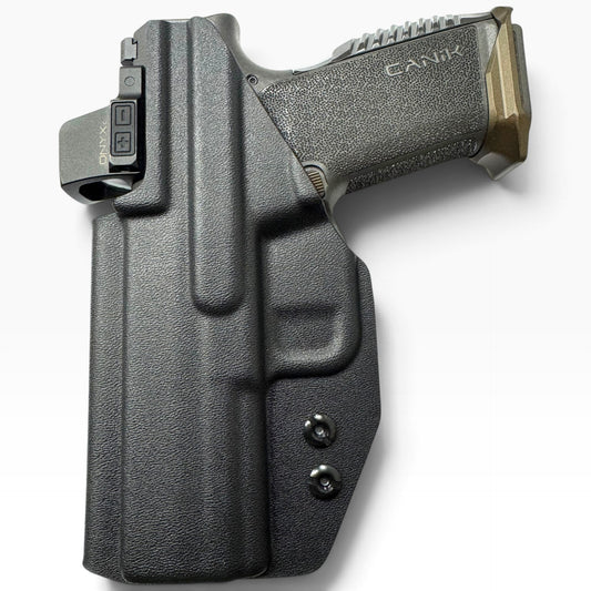 CANIK RADIAN PRIME FIREARM IN A BLACK IWB LINDAHL HOLSTER.