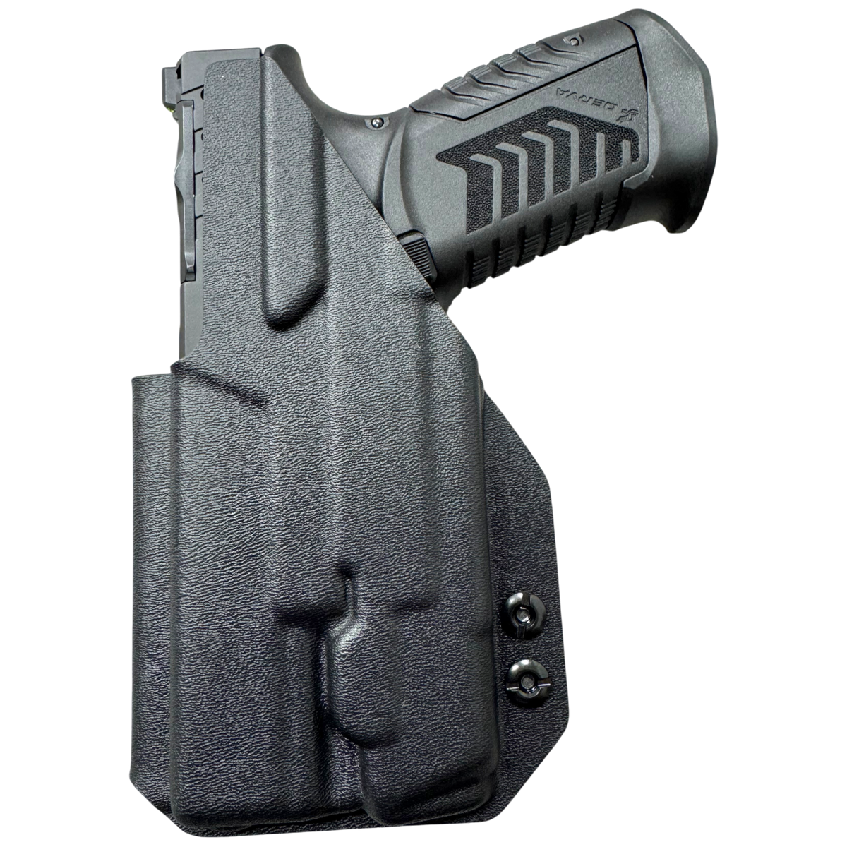 DERYA DY9 WITH AN OLIGHT PL X IN A BLACK IWB LINDAHL HOLSTER. 