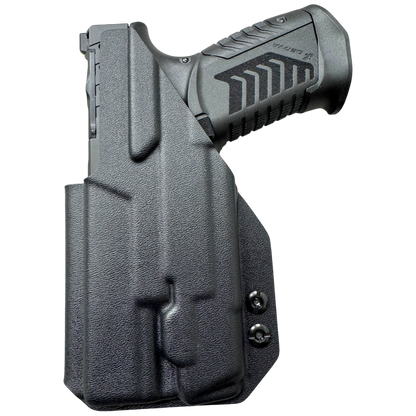 DERYA DY9 WITH AN OLIGHT PL X IN A BLACK IWB LINDAHL HOLSTER. 