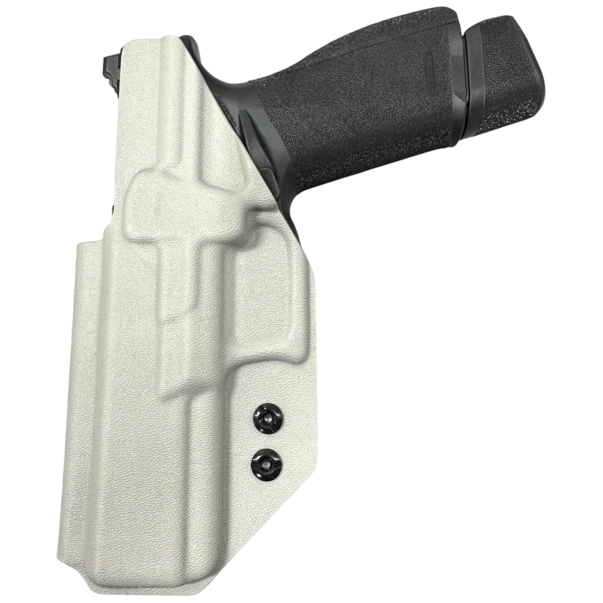 White gun holster with black gun on a white background
