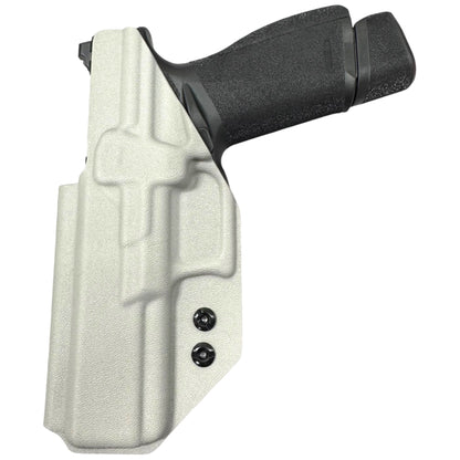 White gun holster with black gun on a white background