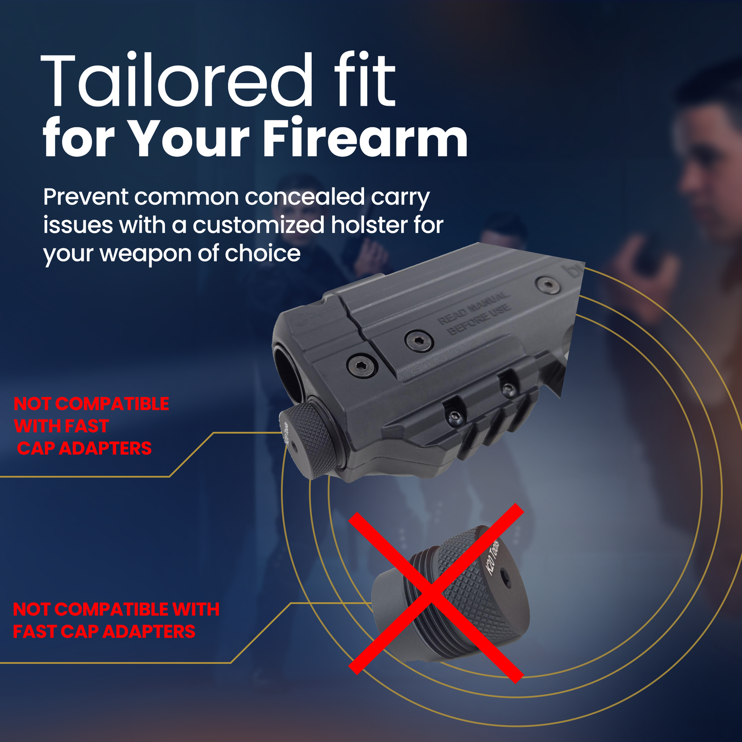 Advertisement for a customized holster with text about compatibility and benefits on a dark background.