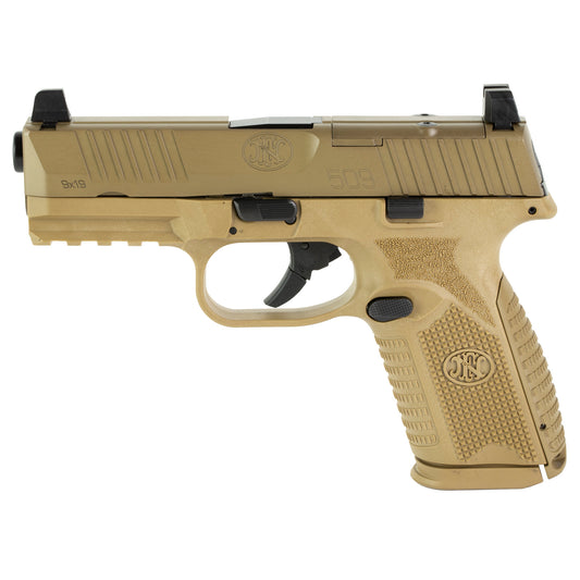 Tan handgun with black accents on a white background