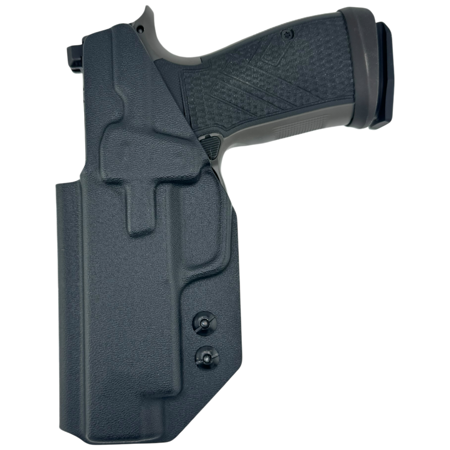 Black gun holster with a gun inside on a white background