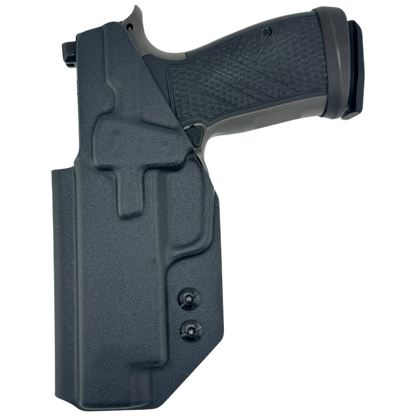 Black gun holster with a gun inside on a white background