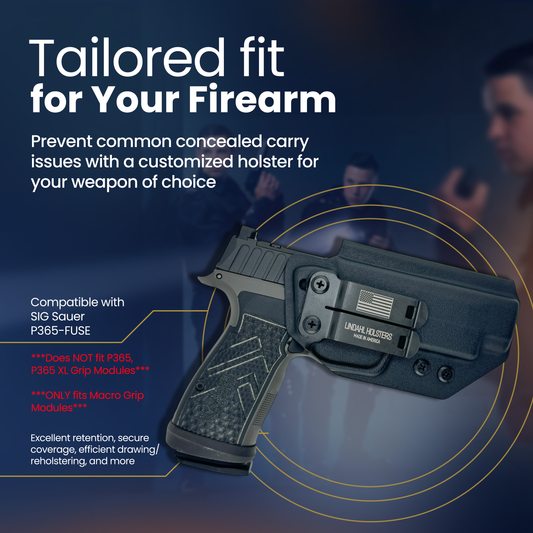 Gun holster with text about customization for firearms on a dark background