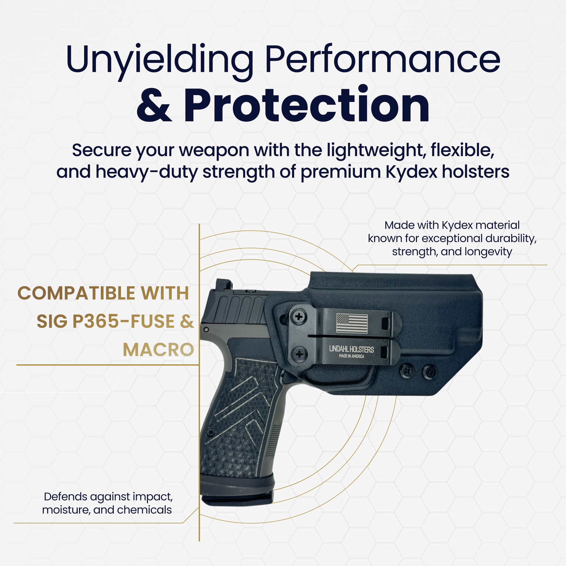 Kydex holster for SIG P365-FUSE & MACRO with text about performance and protection.