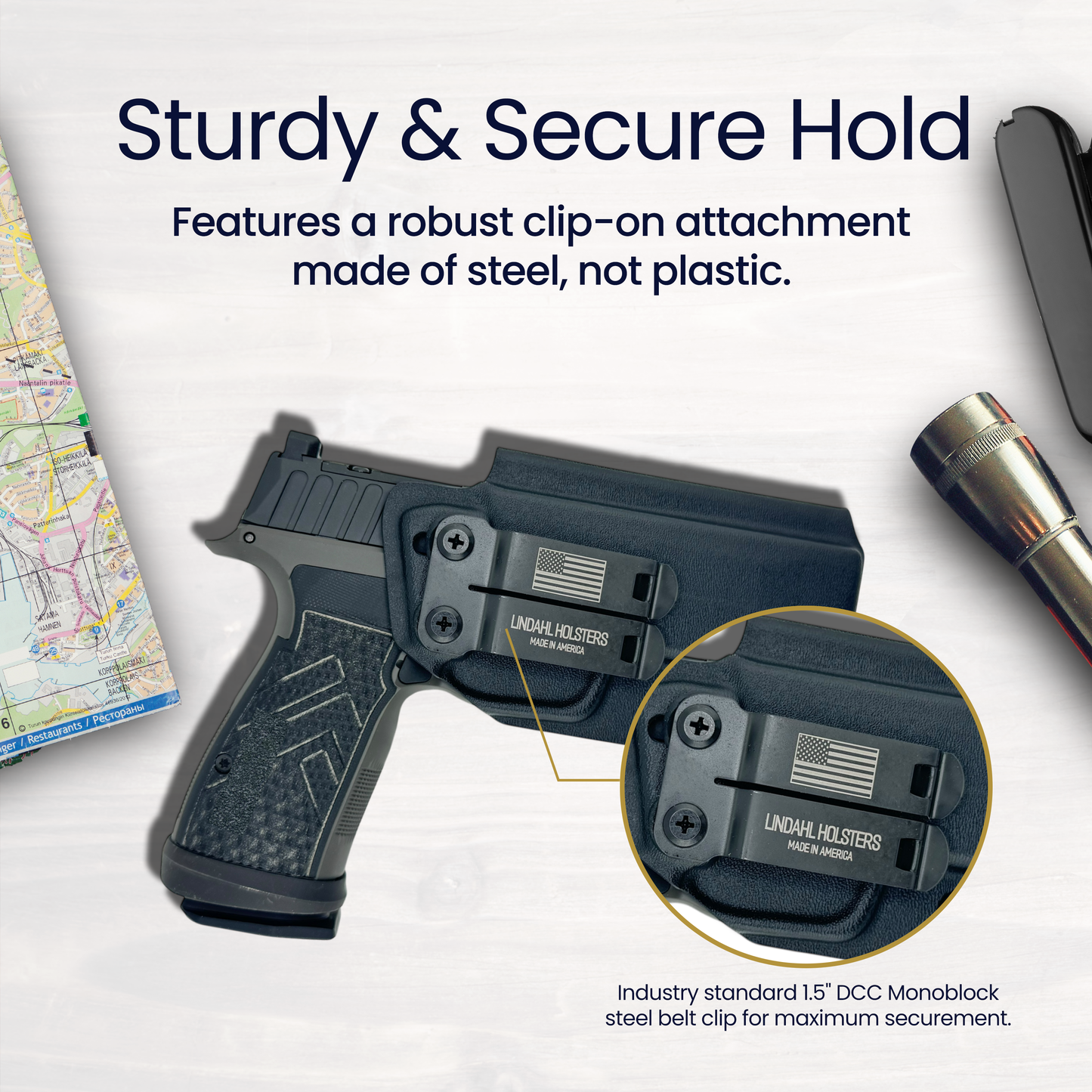 Handgun with a robust clip-on attachment on a white background, featuring text about sturdiness and security.