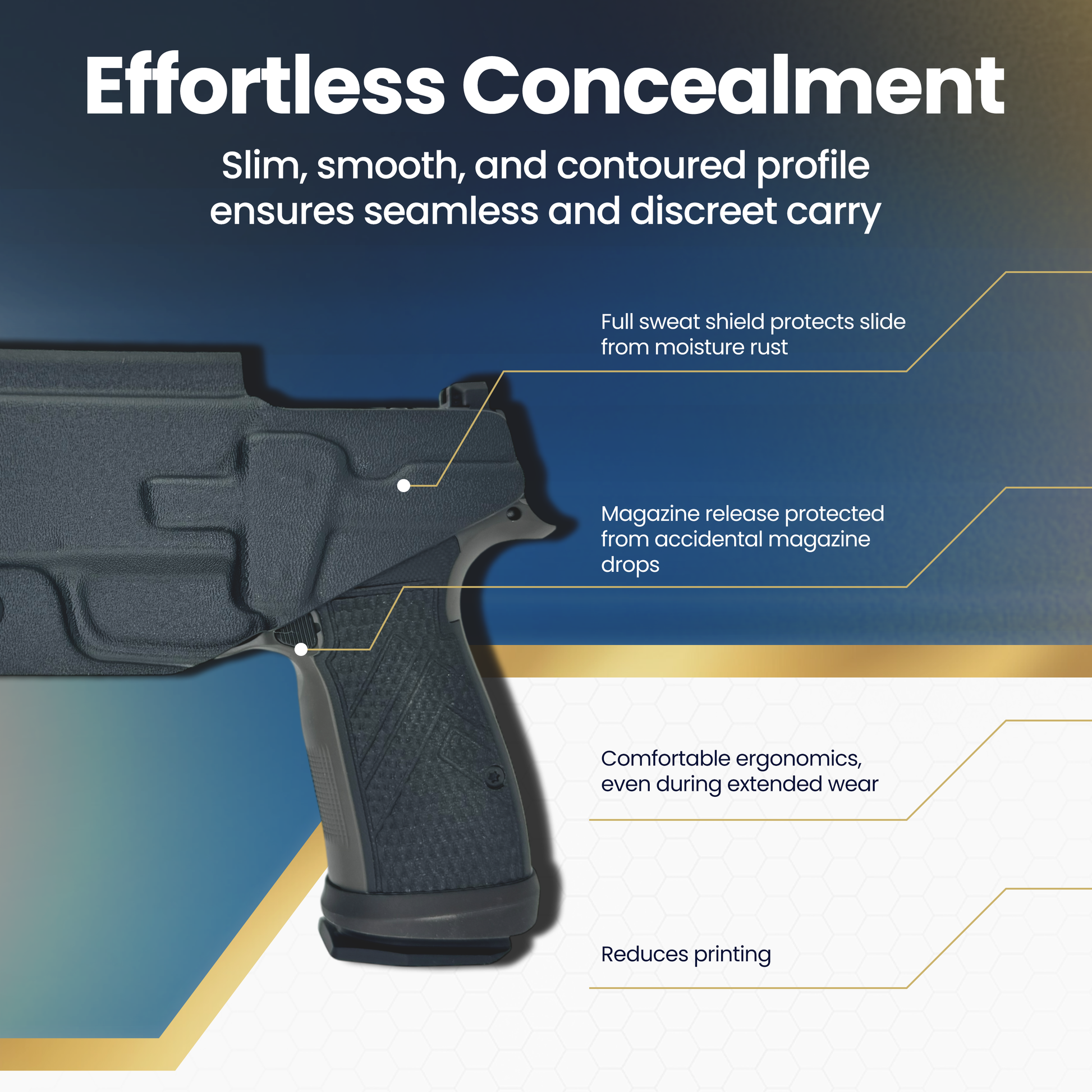 Black handgun with features highlighted on a blue and white background