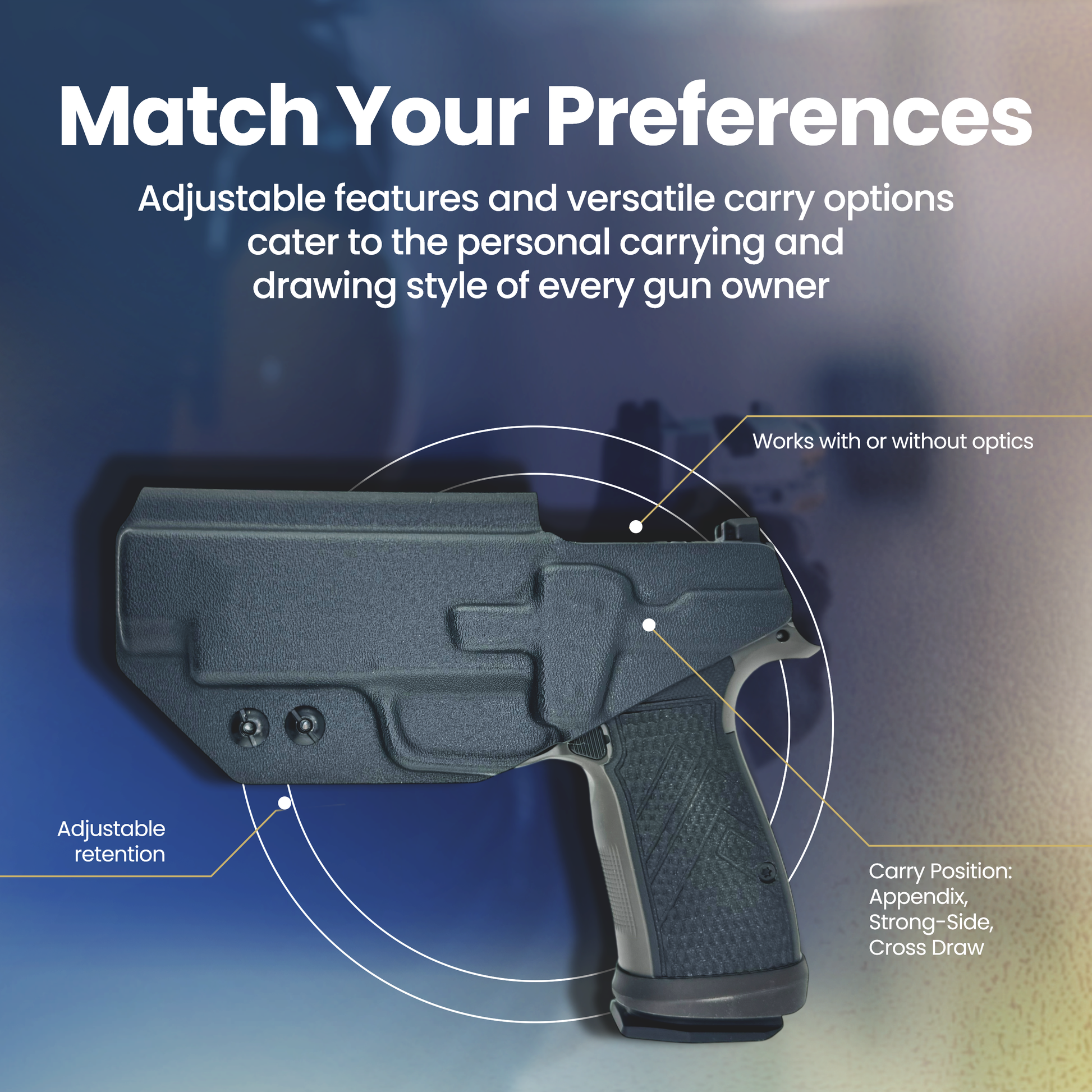 Weapon holster with adjustable features on a blue gradient background