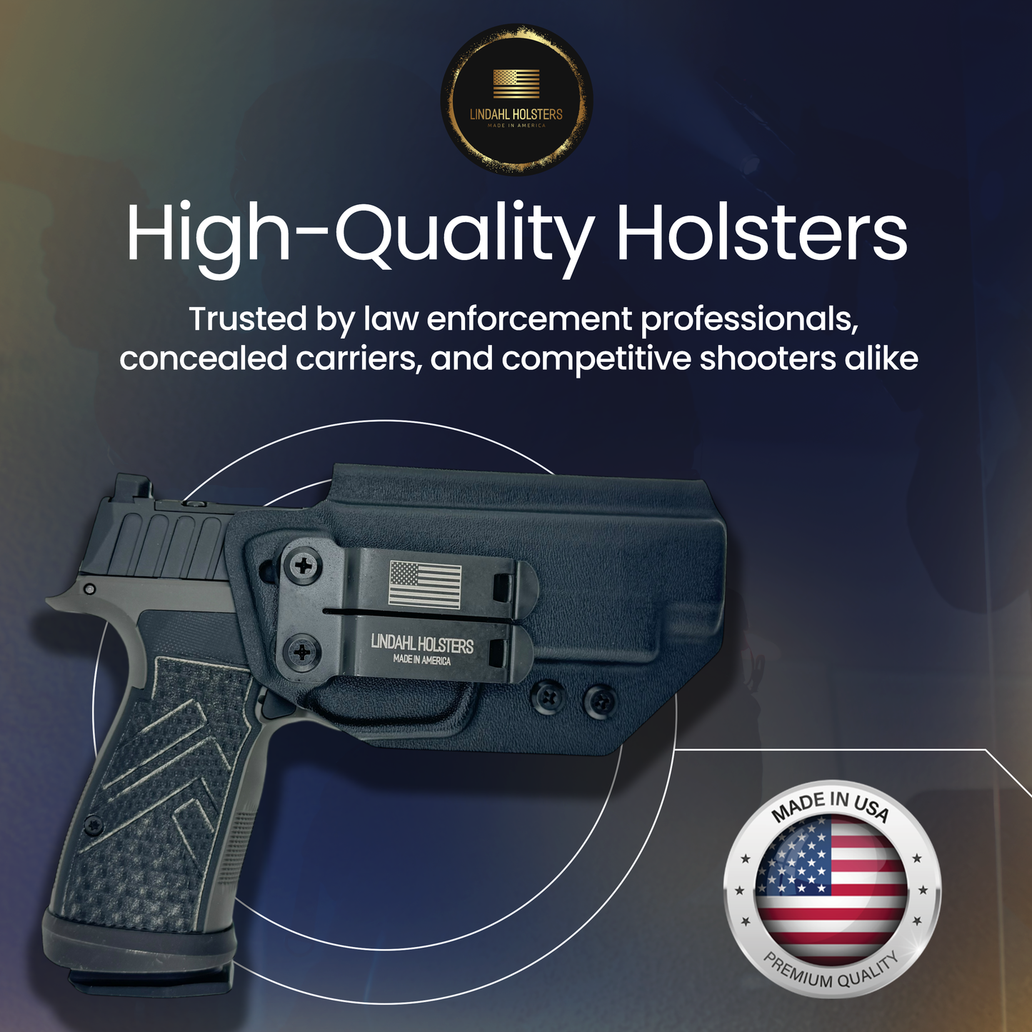 High-quality holster with branding and text on a dark background