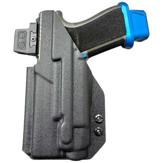 Black gun holster with a blue gun on a white background