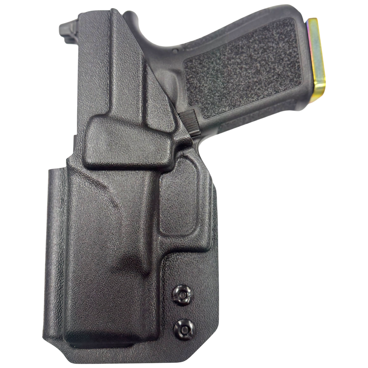 Black gun holster with a gun inside on a white background