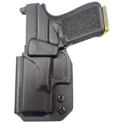 Black gun holster with a gun inside on a white background