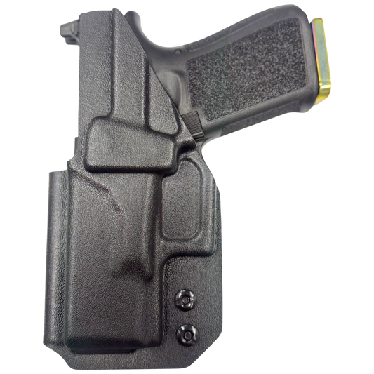 Black gun holster with a gun inside on a white background