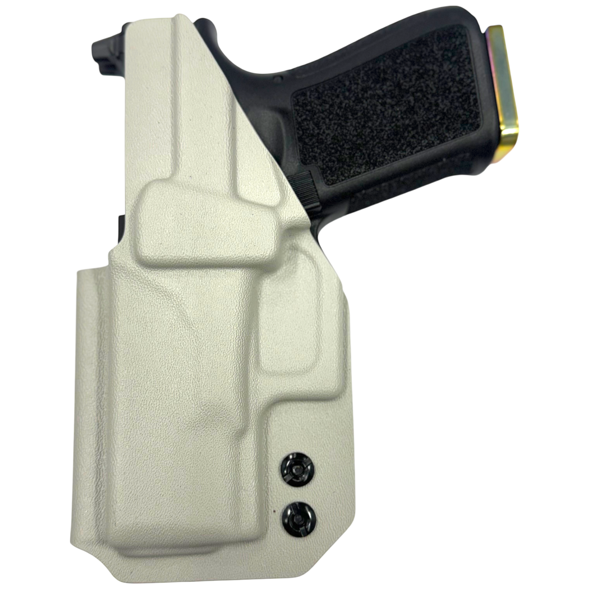 Beige gun holster with a black gun inside on a white background