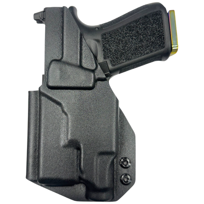 Black gun holster with a firearm on a white background